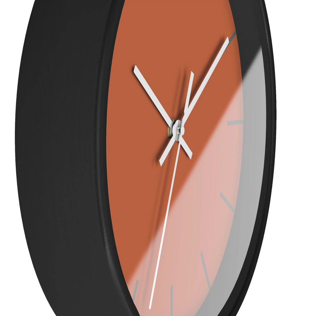 Boho rust orange silent wall clock, black base, white hands, light grey markers, 10 inch, side view.