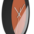 Boho rust orange silent wall clock, black base, white hands, light grey markers, 10 inch, side view.