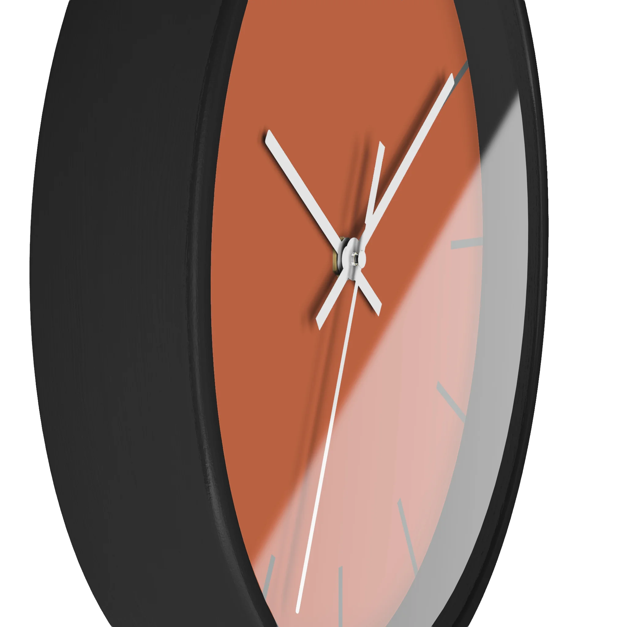 Boho rust orange silent wall clock, black base, white hands, light grey markers, 10 inch, side view.