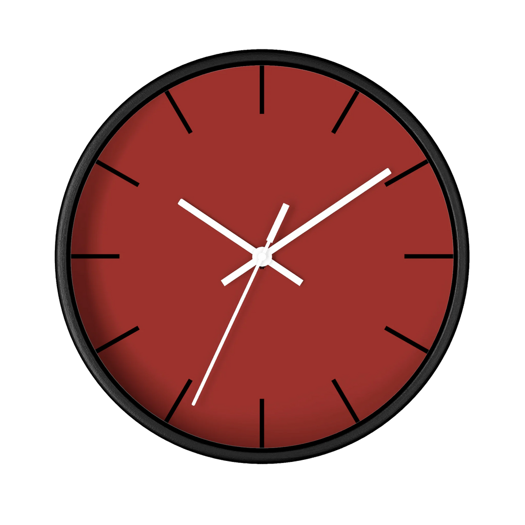 Brownish red silent wall clock, black base, white hands, black markers, 10 inch, front view.