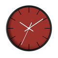 Brownish red silent wall clock, black base, white hands, black markers, 10 inch, front view.