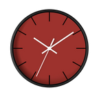 Brownish red silent wall clock, black base, white hands, black markers, 10 inch, front view.