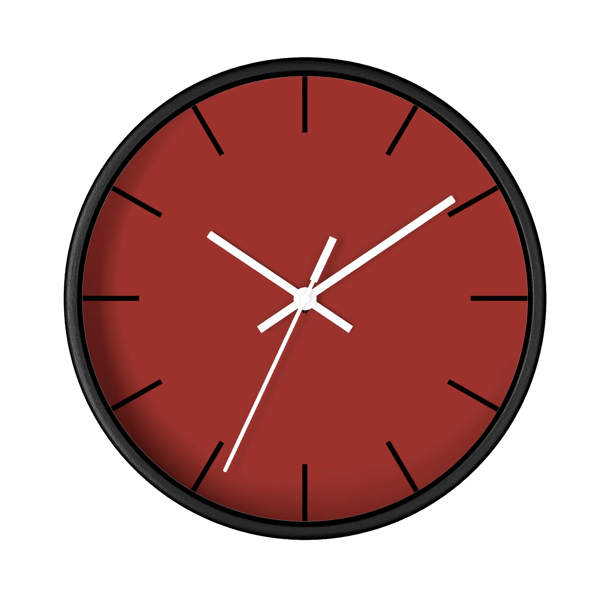 Brownish red silent wall clock, black base, white hands, black markers, 10 inch, front view.