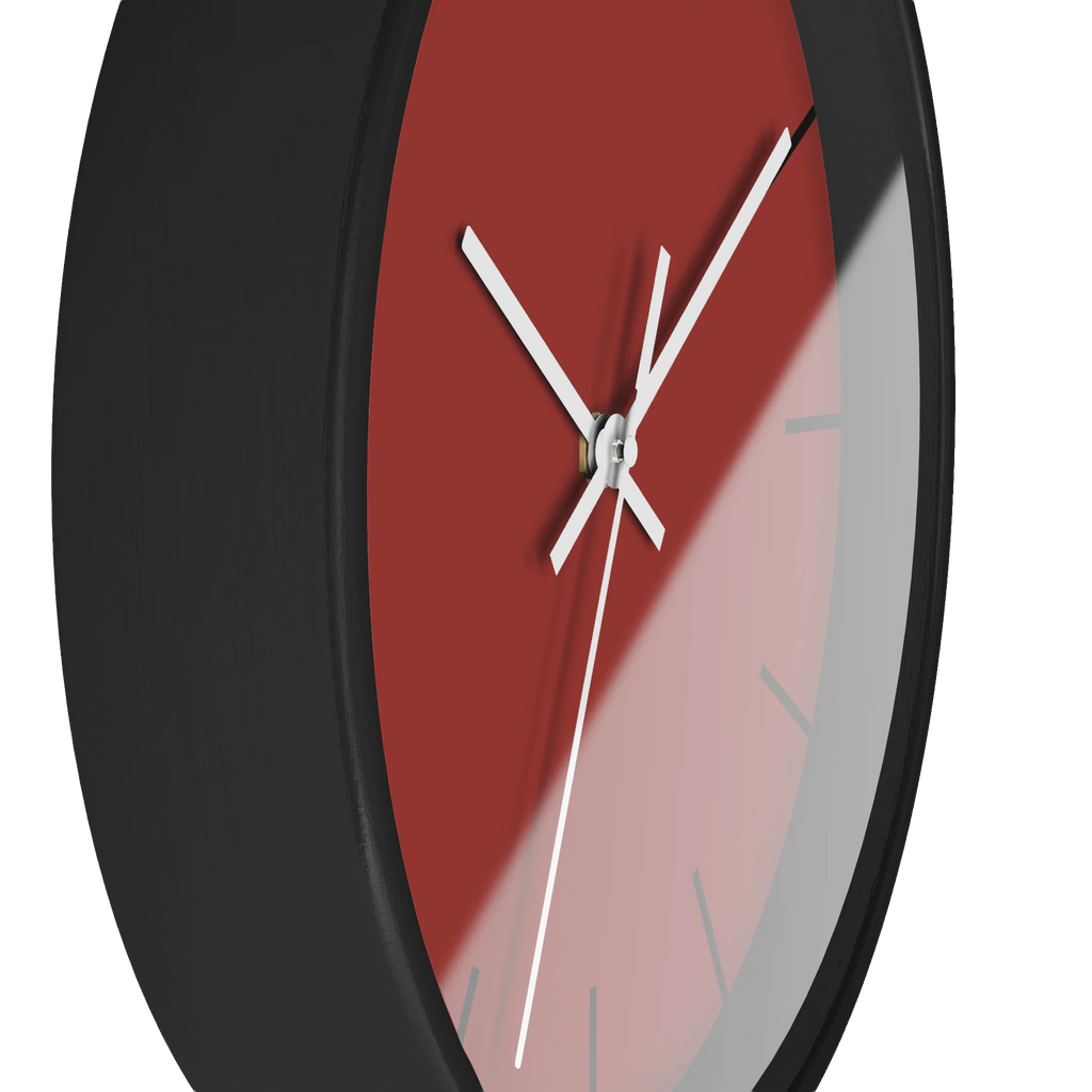 Brownish red silent wall clock, black base, white hands, black markers, 10 inch, side view.
