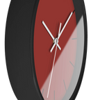 Brownish red silent wall clock, black base, white hands, black markers, 10 inch, side view.