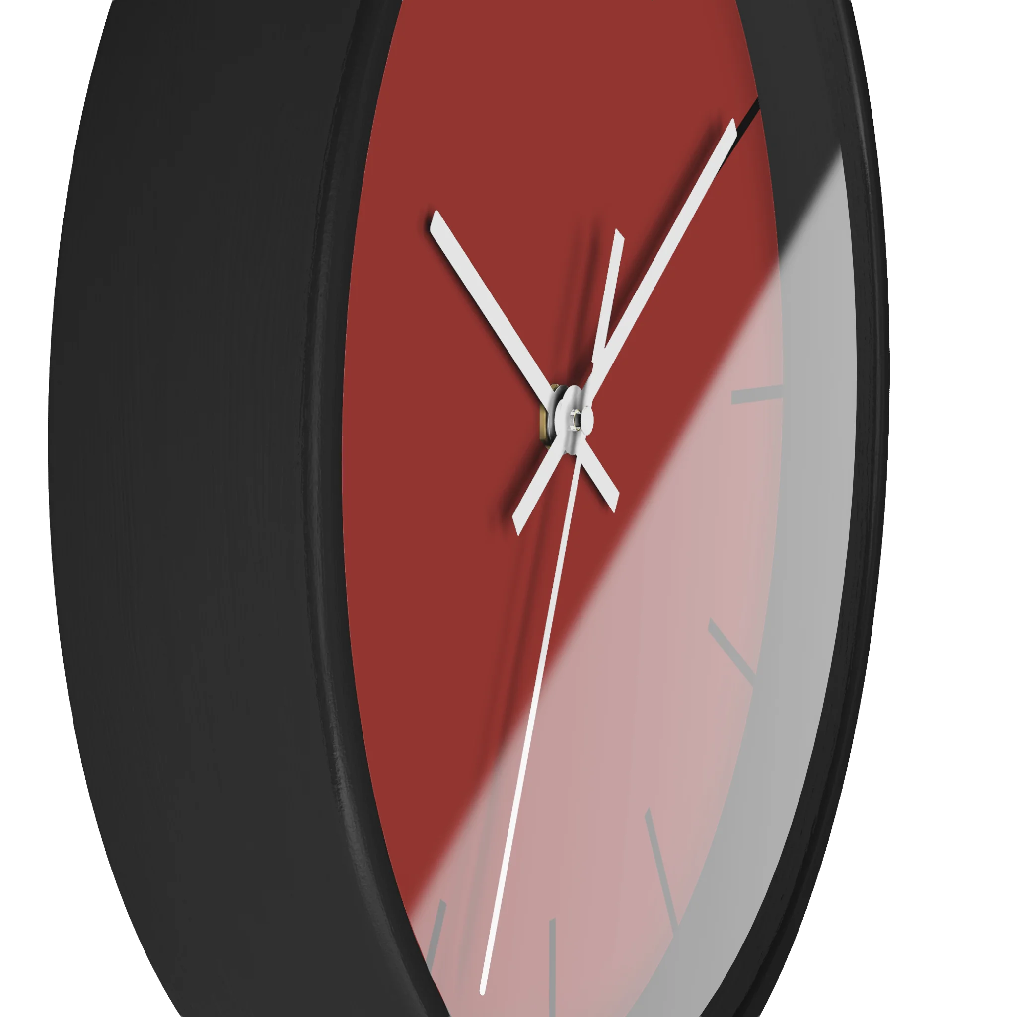 Brownish red silent wall clock, black base, white hands, black markers, 10 inch, side view.