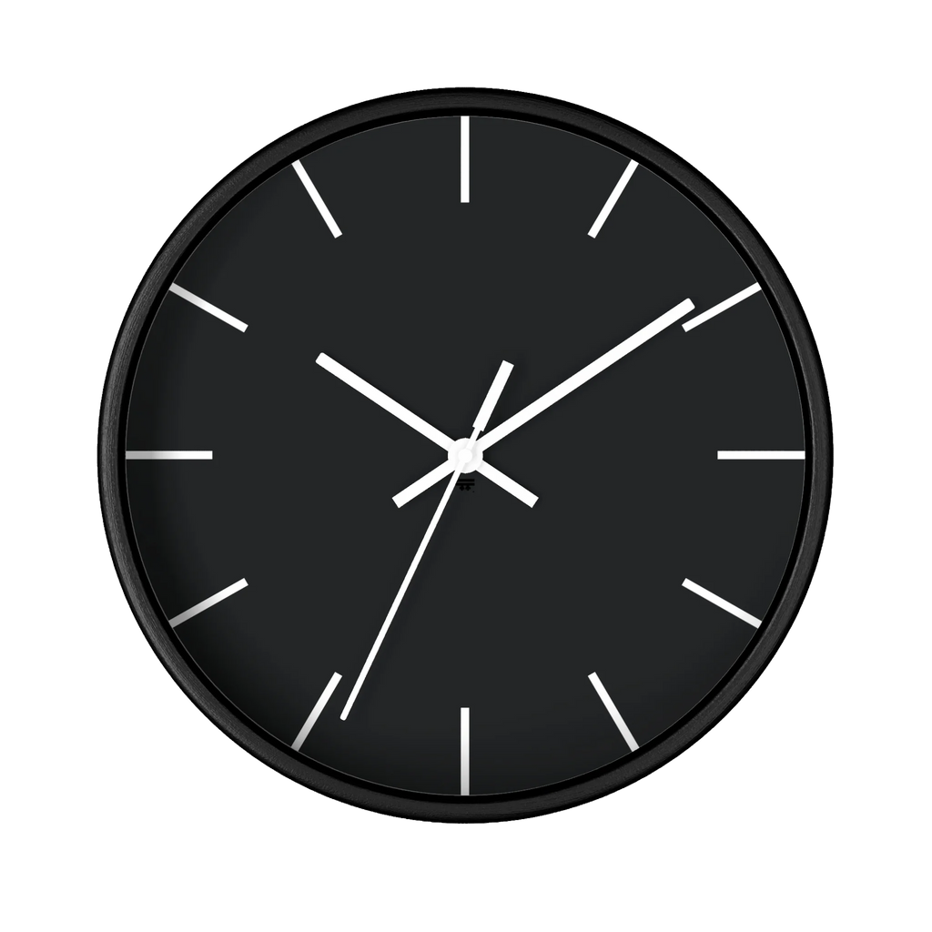 Carbon fiber black silent wall clock, black base, white hands, off white markers, 10 inch, front view.