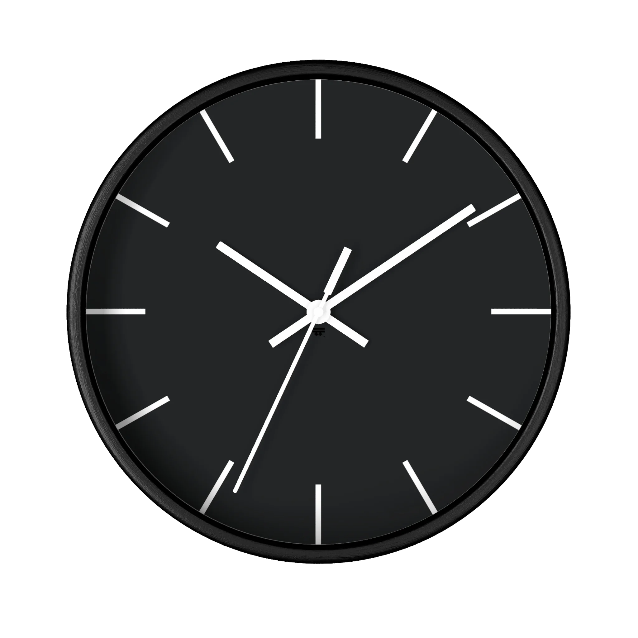 Carbon fiber black silent wall clock, black base, white hands, off white markers, 10 inch, front view.