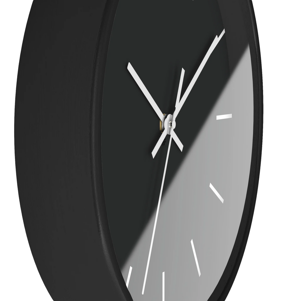 Carbon fiber black silent wall clock, black base, white hands, off white markers, 10 inch, side view.