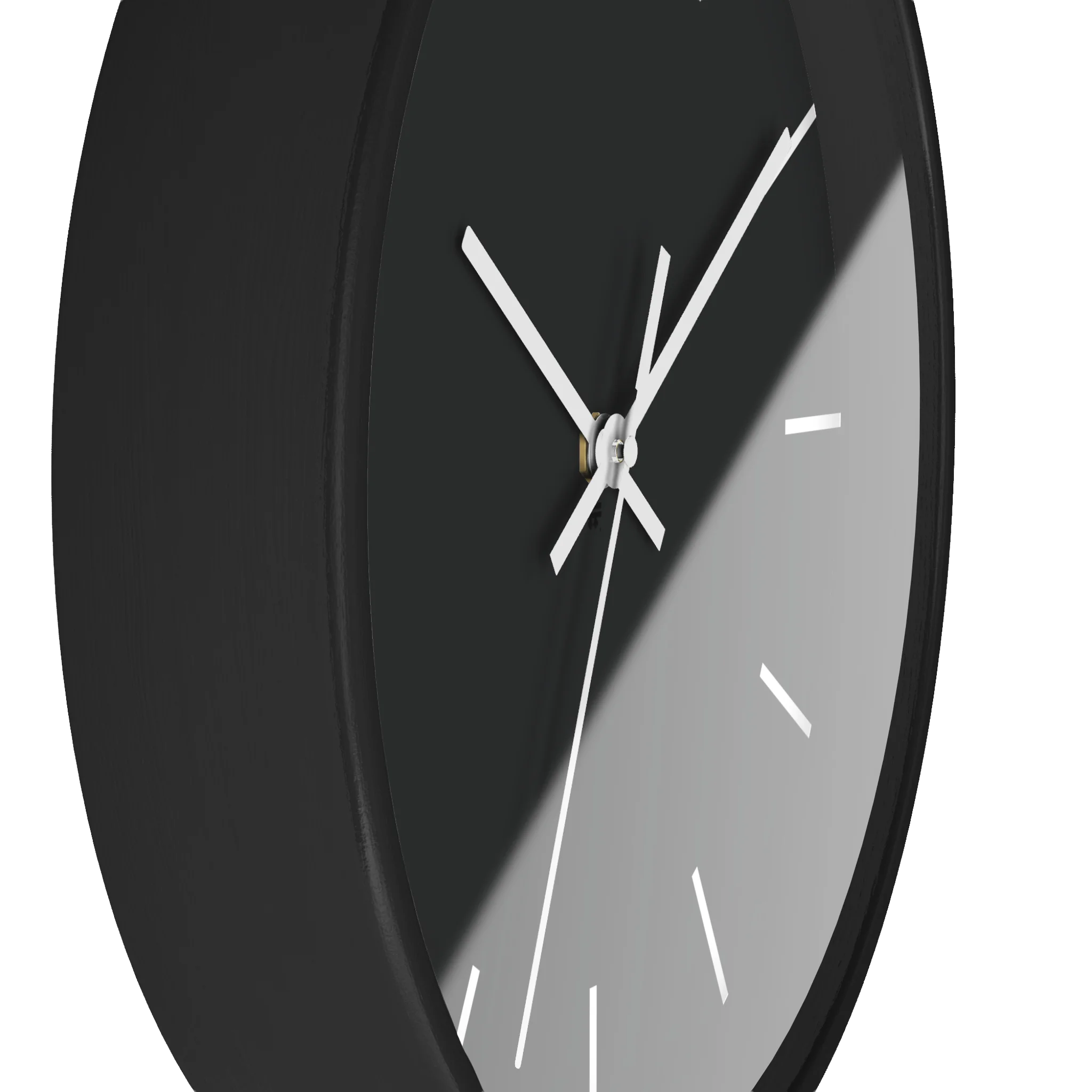 Carbon fiber black silent wall clock, black base, white hands, off white markers, 10 inch, front view.
