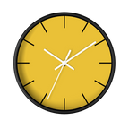 Champ yellow silent wall clock, black base, white hands, black markers, 10 inch, front view.