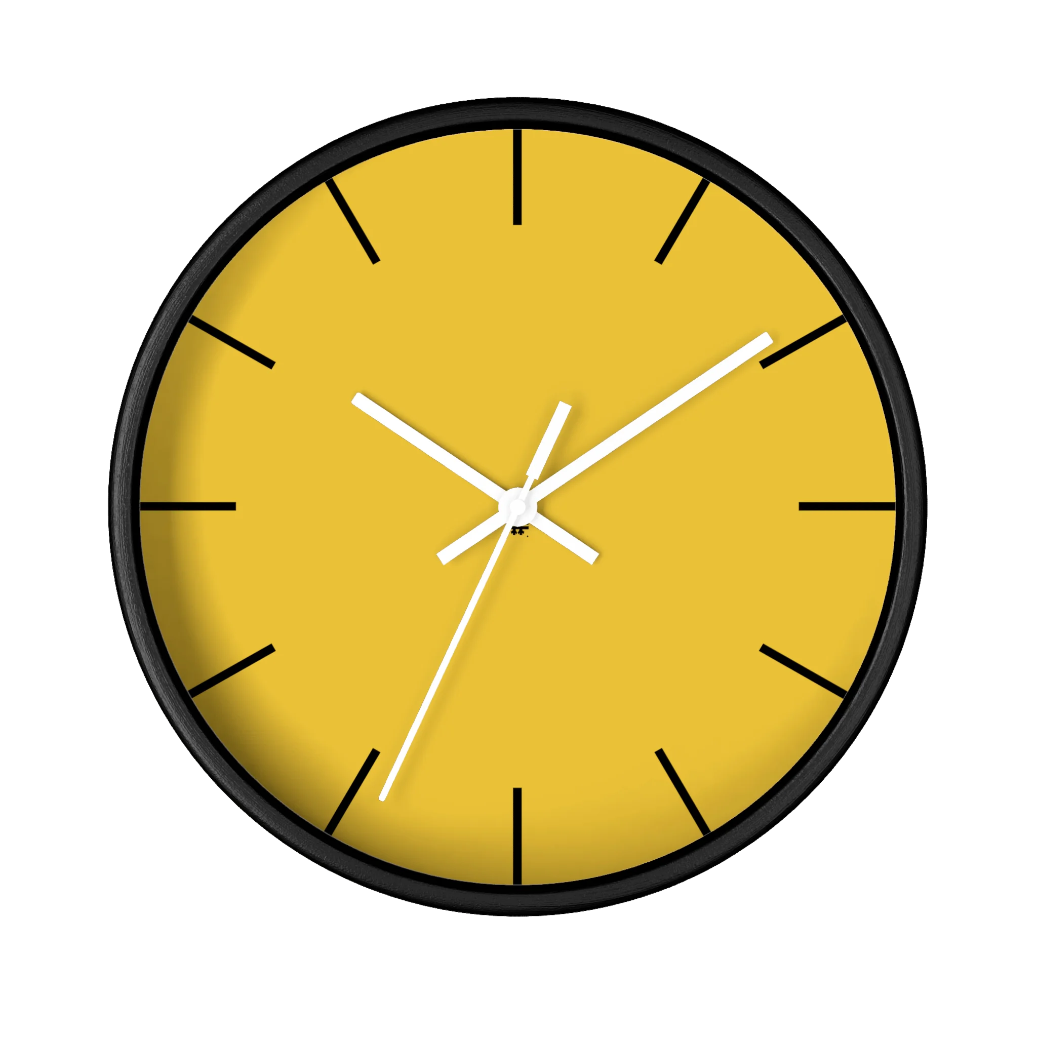 Champ yellow silent wall clock, black base, white hands, black markers, 10 inch, front view.