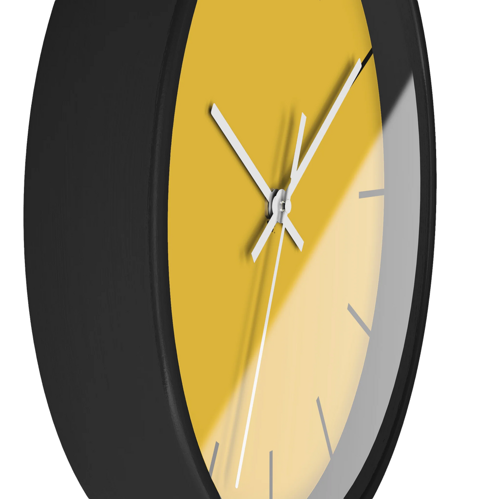 Champ yellow silent wall clock, black base, white hands, black markers, 10 inch, side view.