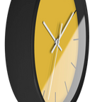 Champ yellow silent wall clock, black base, white hands, black markers, 10 inch, side view.