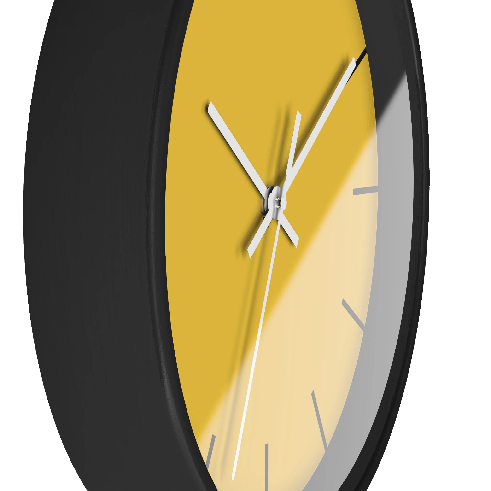 Champ yellow silent wall clock, black base, white hands, black markers, 10 inch, side view.