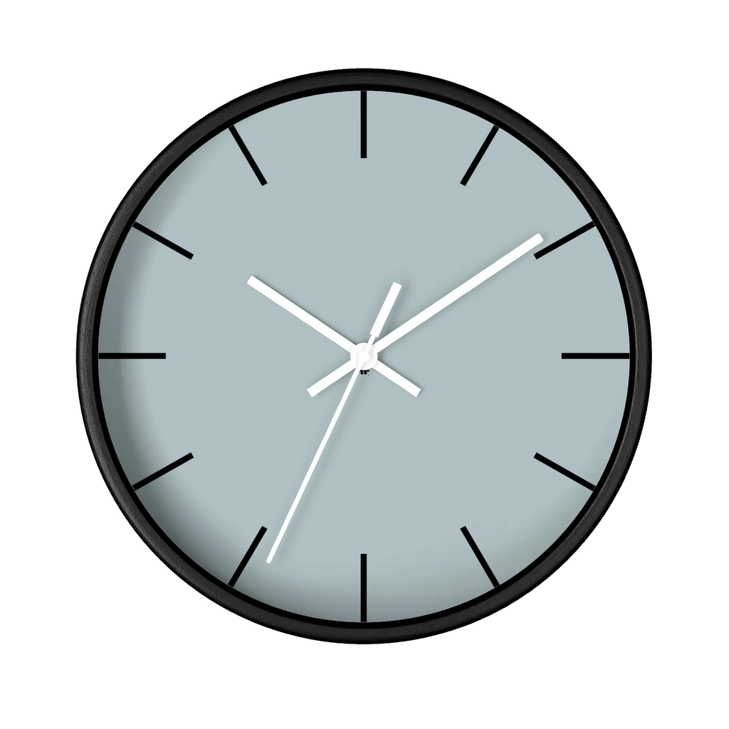 Cool silver silent wall clock, black base, white hands, black markers, 10 inch, front view.