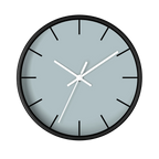 Cool silver silent wall clock, black base, white hands, black markers, 10 inch, front view.