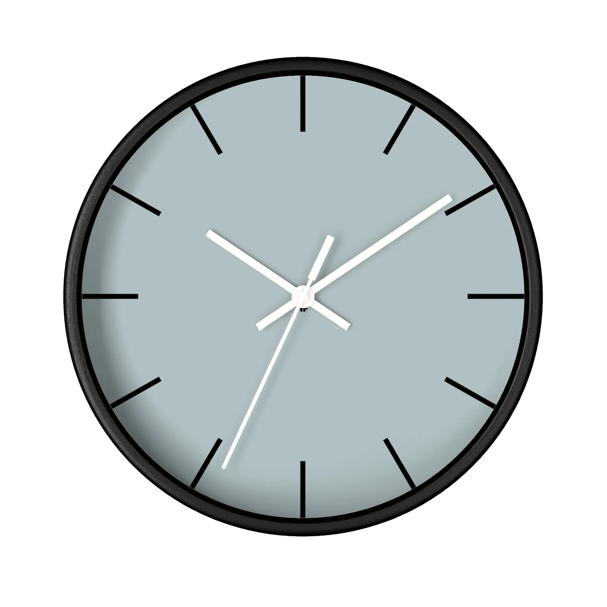 Cool silver silent wall clock, black base, white hands, black markers, 10 inch, front view.