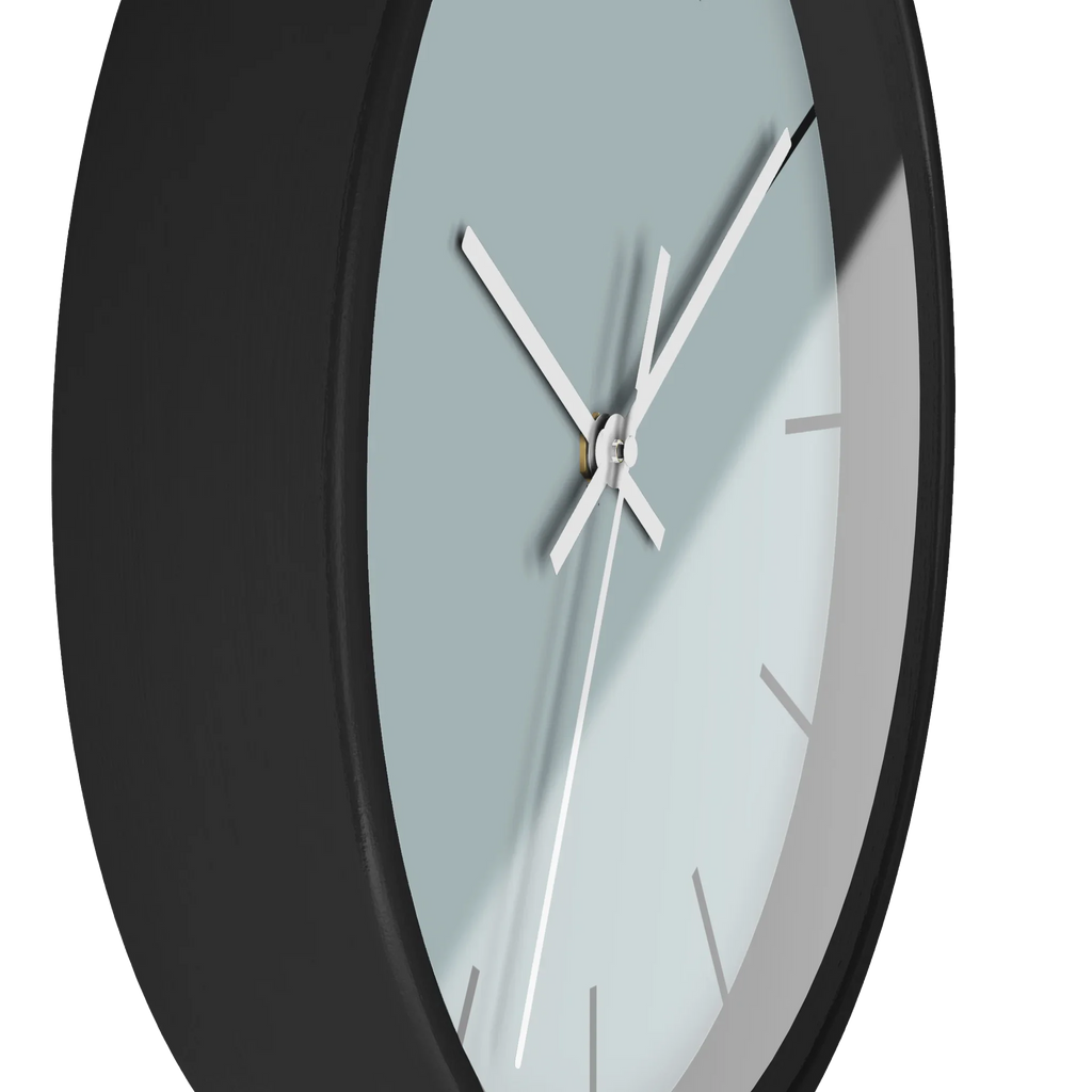 Cool silver silent wall clock, black base, white hands, black markers, 10 inch, side view.