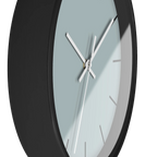 Cool silver silent wall clock, black base, white hands, black markers, 10 inch, side view.