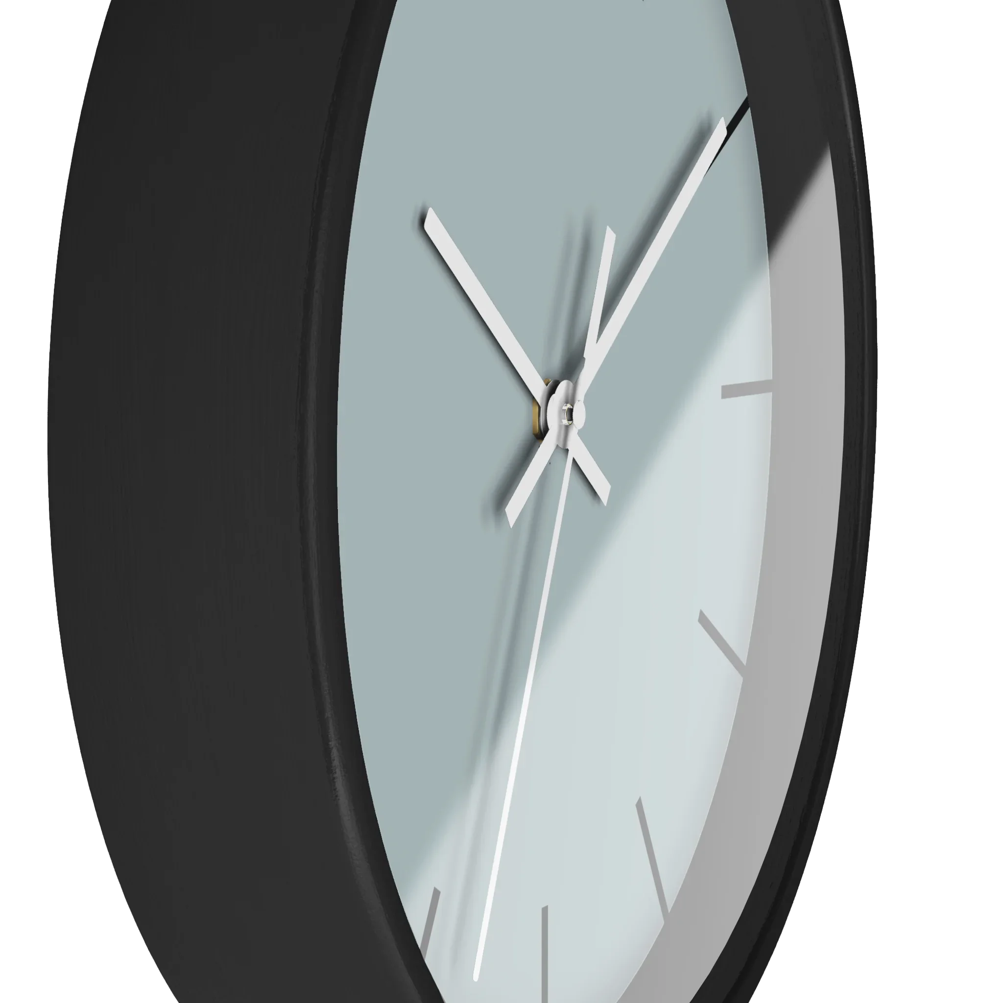 Cool silver silent wall clock, black base, white hands, black markers, 10 inch, side view.