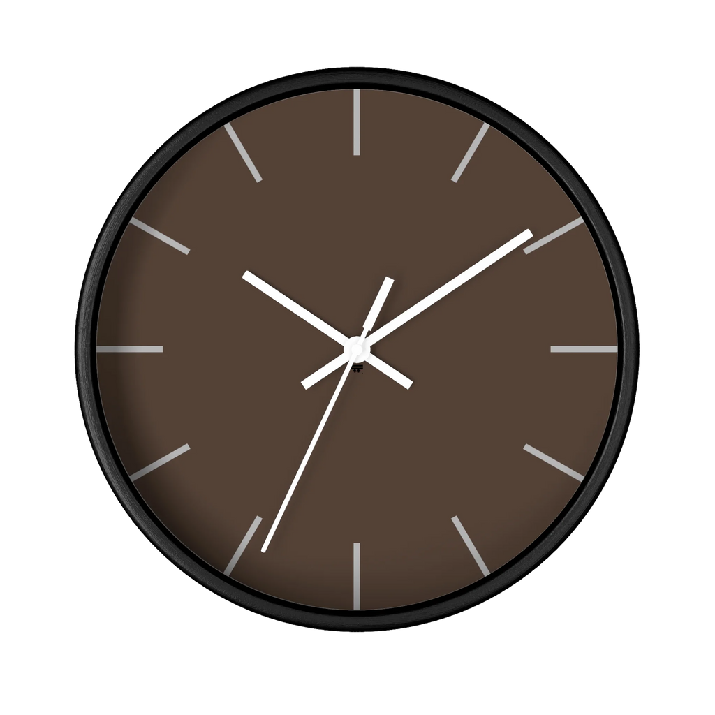 Country brown silent wall clock, black base, white hands, off white markers, 10 inch, front view.