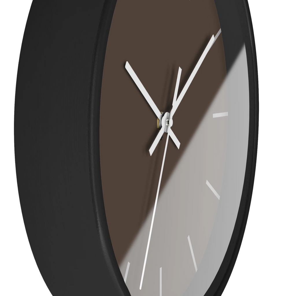 Country brown silent wall clock, black base, white hands, off white markers, 10 inch, side view.