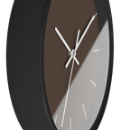 Country brown silent wall clock, black base, white hands, off white markers, 10 inch, side view.