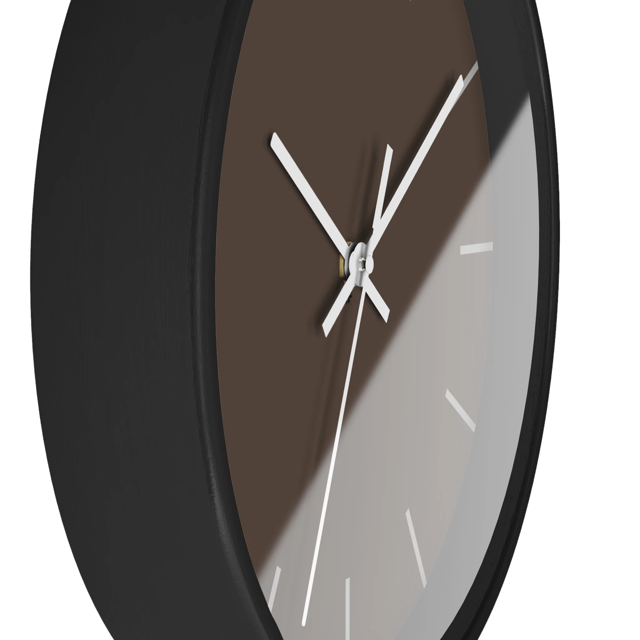 Country brown silent wall clock, black base, white hands, off white markers, 10 inch, side view.