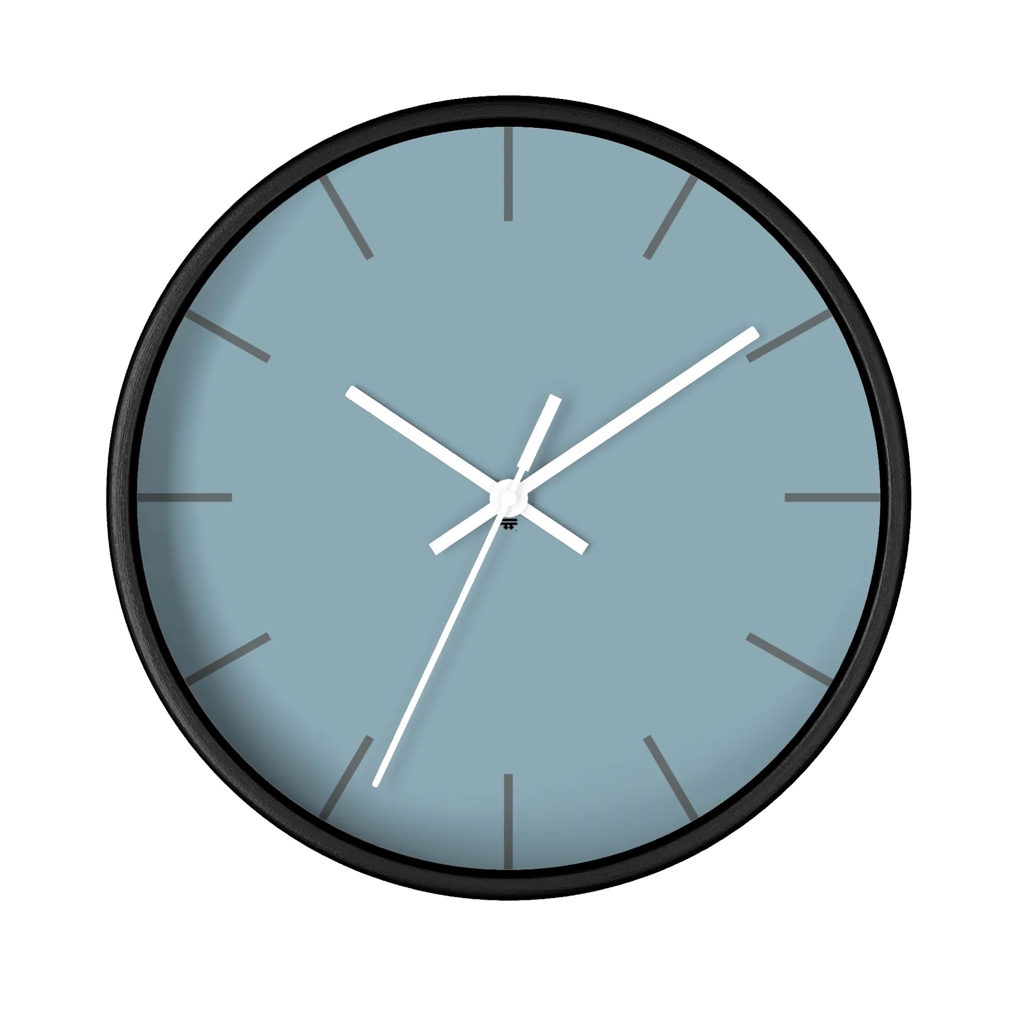 Danish blue minimalist wall clock with black wooden base, white hands, and dark grey time markers, front view.