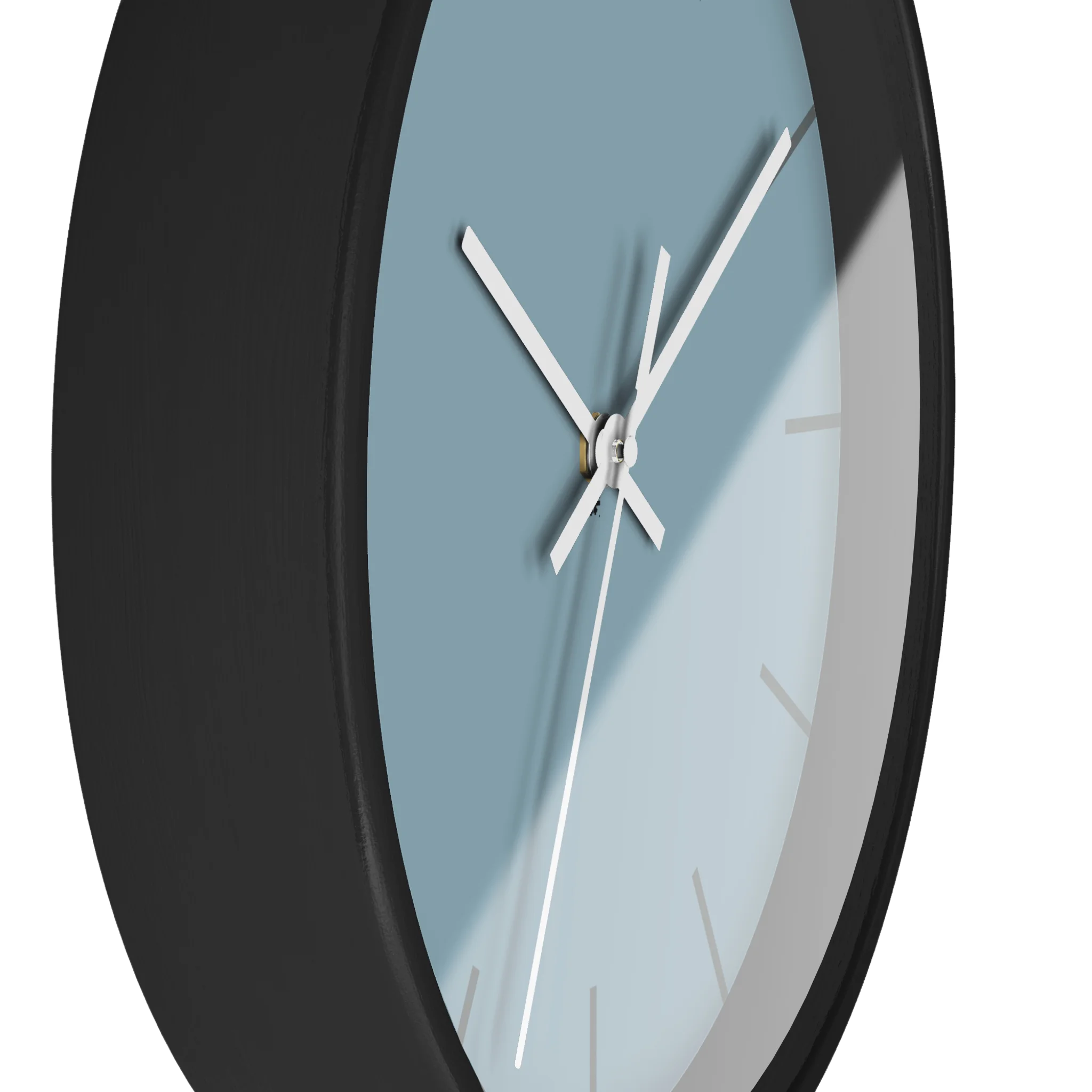 Danish blue minimalist wall clock with black wooden base, white hands, and dark grey markers, side view.