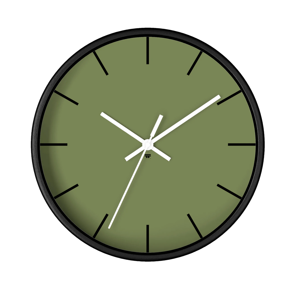 Dark sage olive green silent wall clock, black base, white hands, black markers, 10 inch, front view.