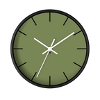 Dark sage olive green silent wall clock, black base, white hands, black markers, 10 inch, front view.