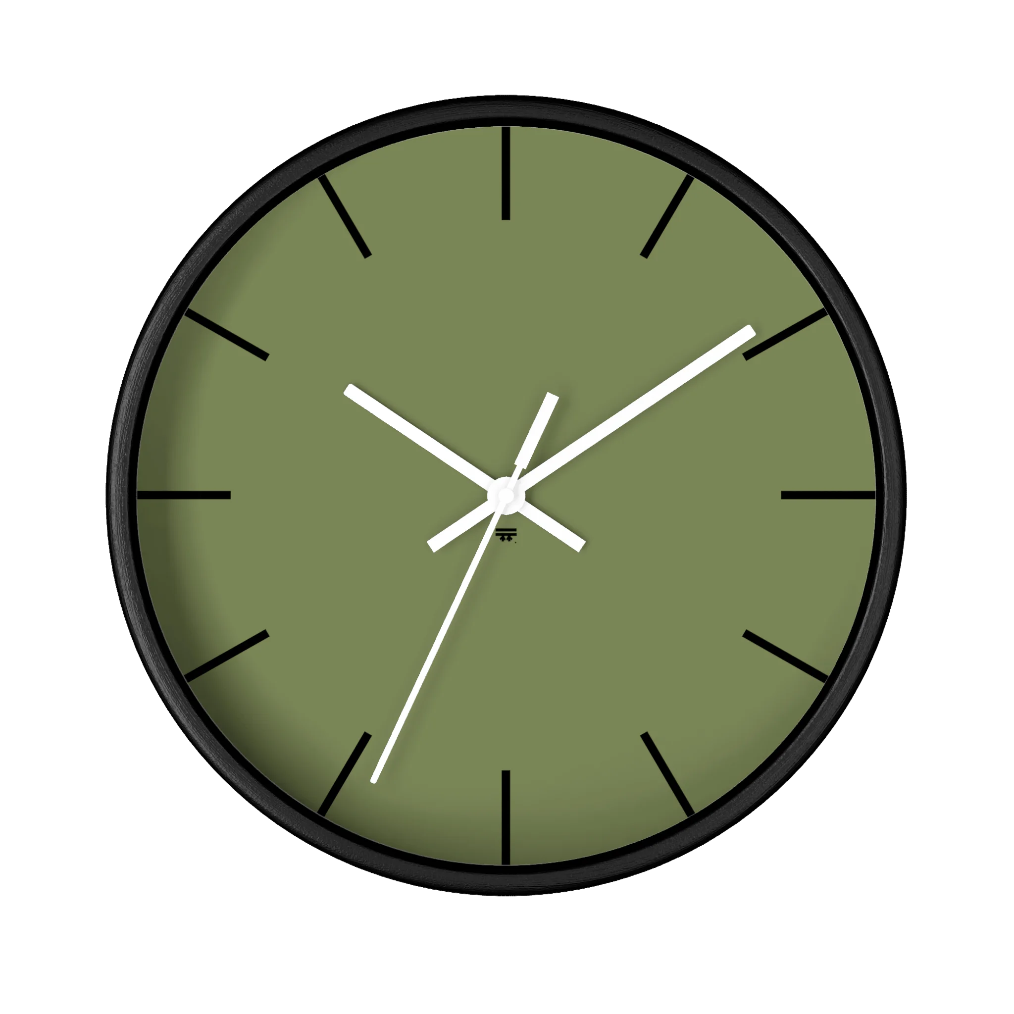 Dark sage olive green silent wall clock, black base, white hands, black markers, 10 inch, front view.