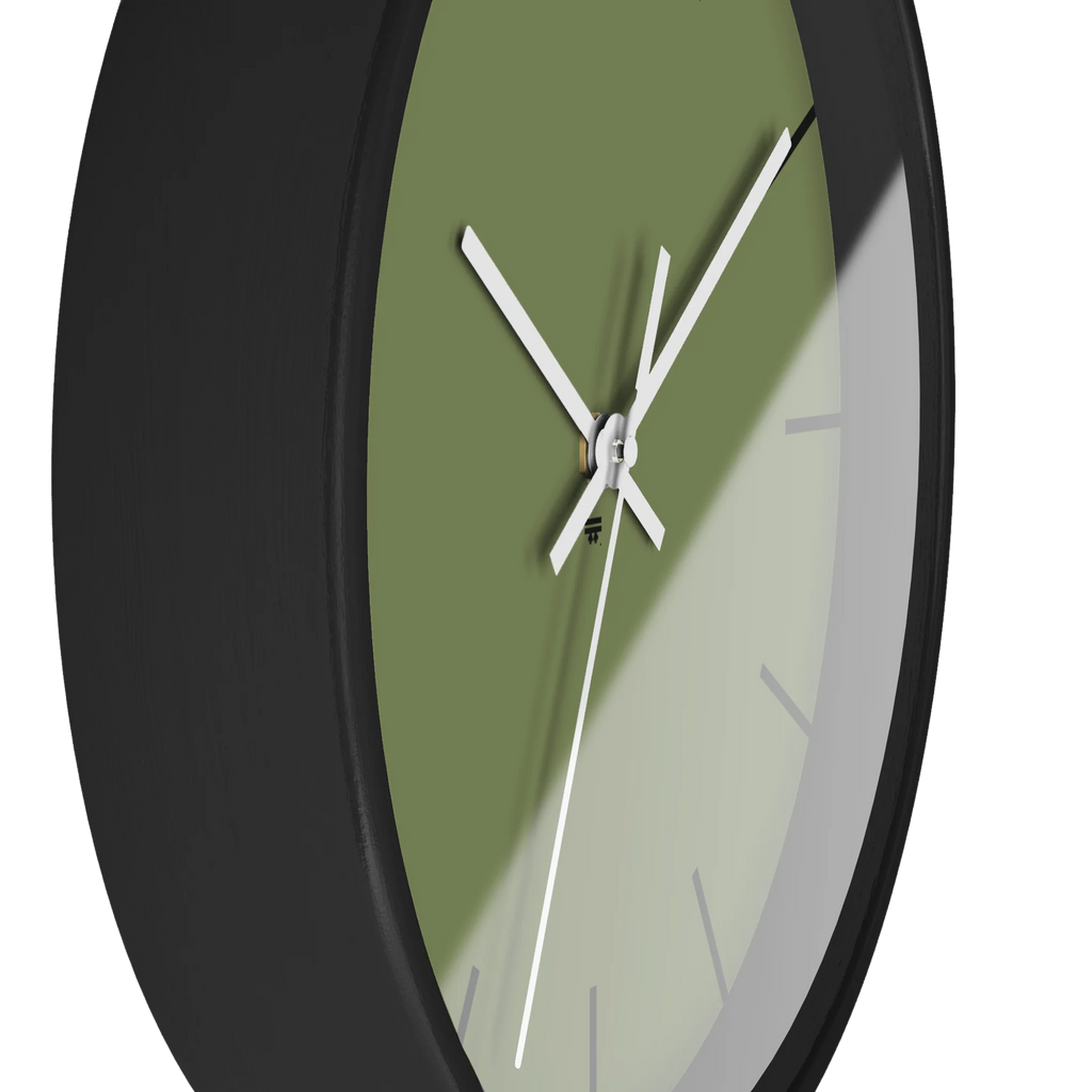 Dark sage olive green silent wall clock, black base, white hands, black markers, 10 inch, side view.