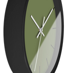 Dark sage olive green silent wall clock, black base, white hands, black markers, 10 inch, side view.