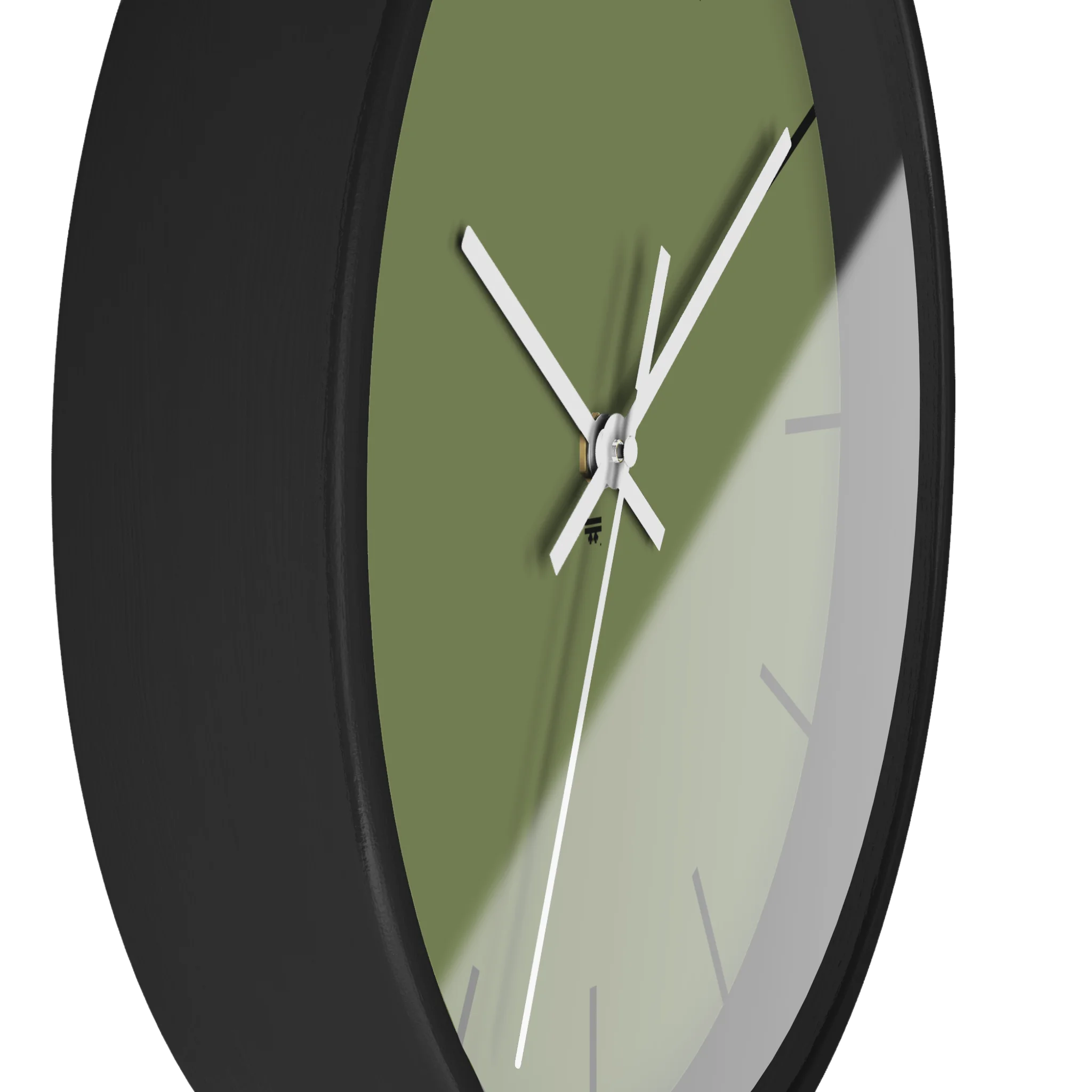 Dark sage olive green silent wall clock, black base, white hands, black markers, 10 inch, side view.
