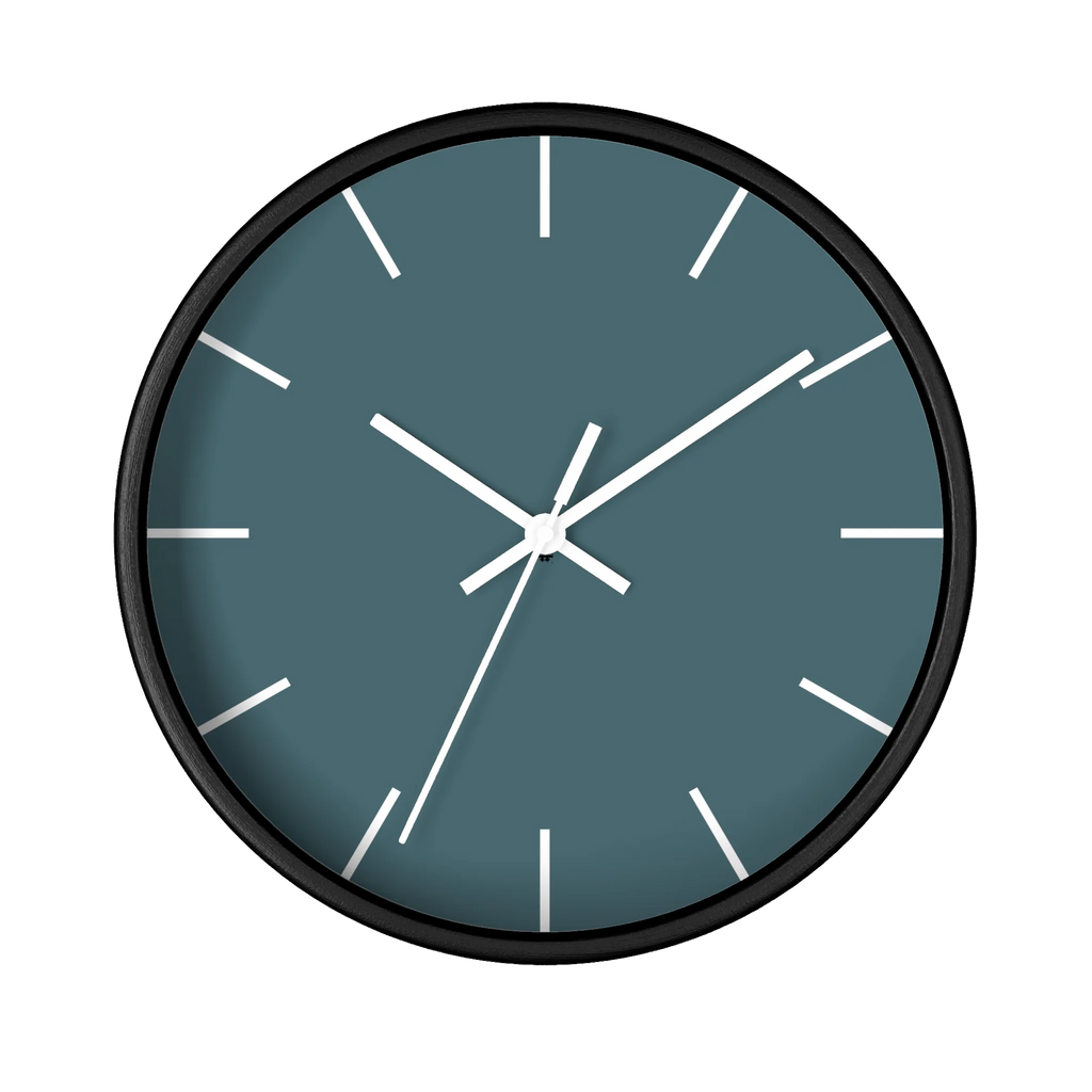 Deep space sparkle teal silent wall clock, black base, white hands, white markers, 10 inch, front view.
