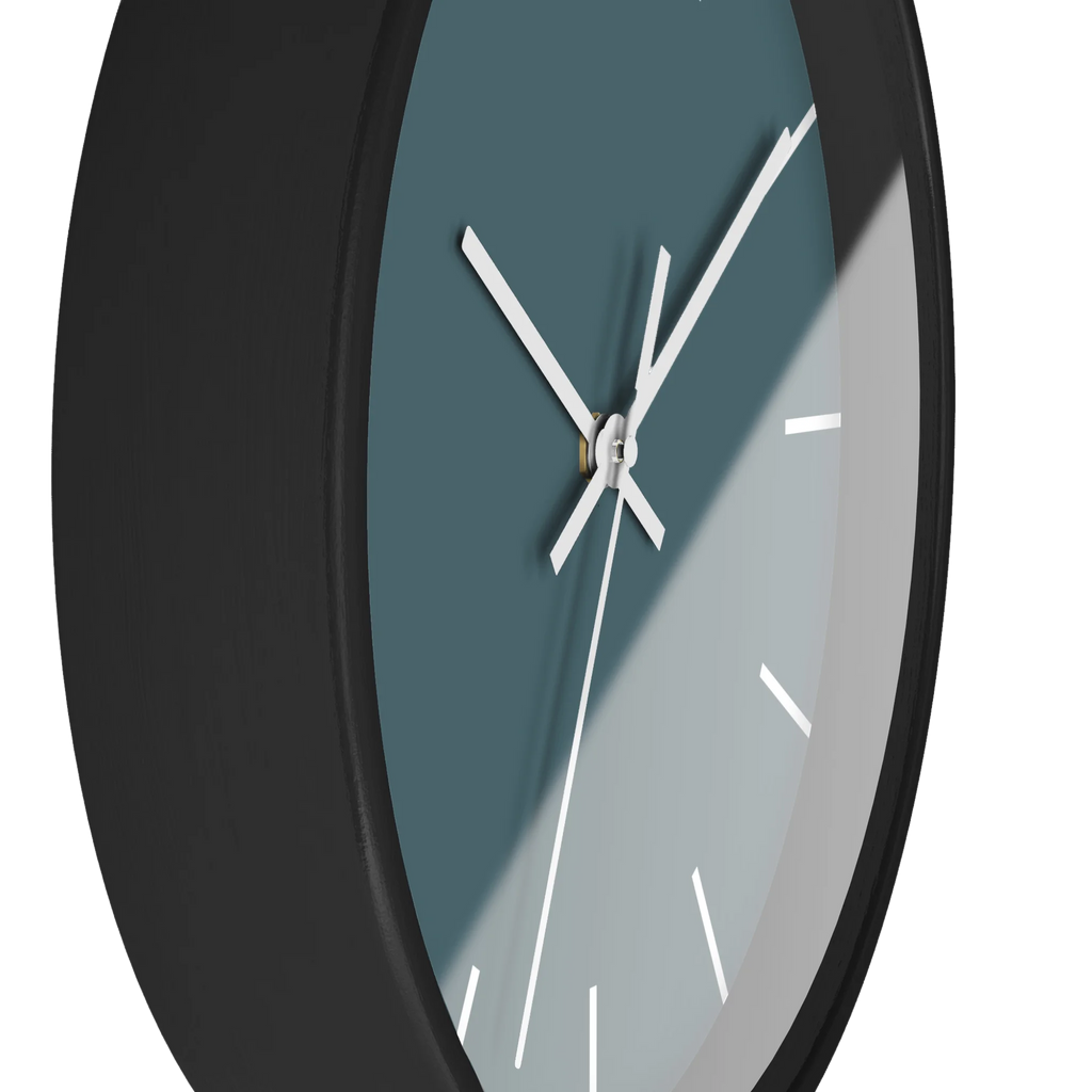 Deep space sparkle teal silent wall clock, black base, white hands, white markers, 10 inch, side view.