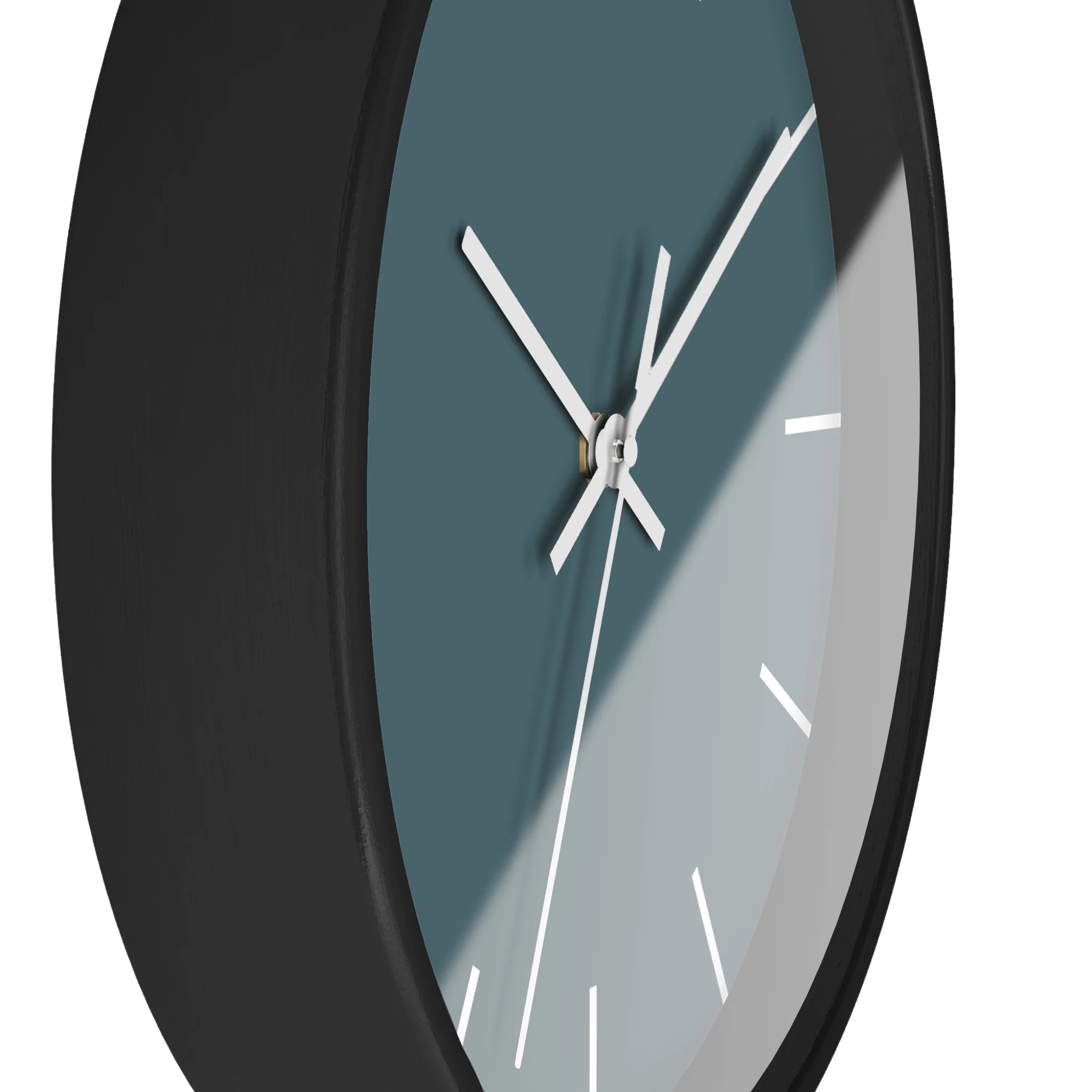 Deep space sparkle teal silent wall clock, black base, white hands, white markers, 10 inch, side view.