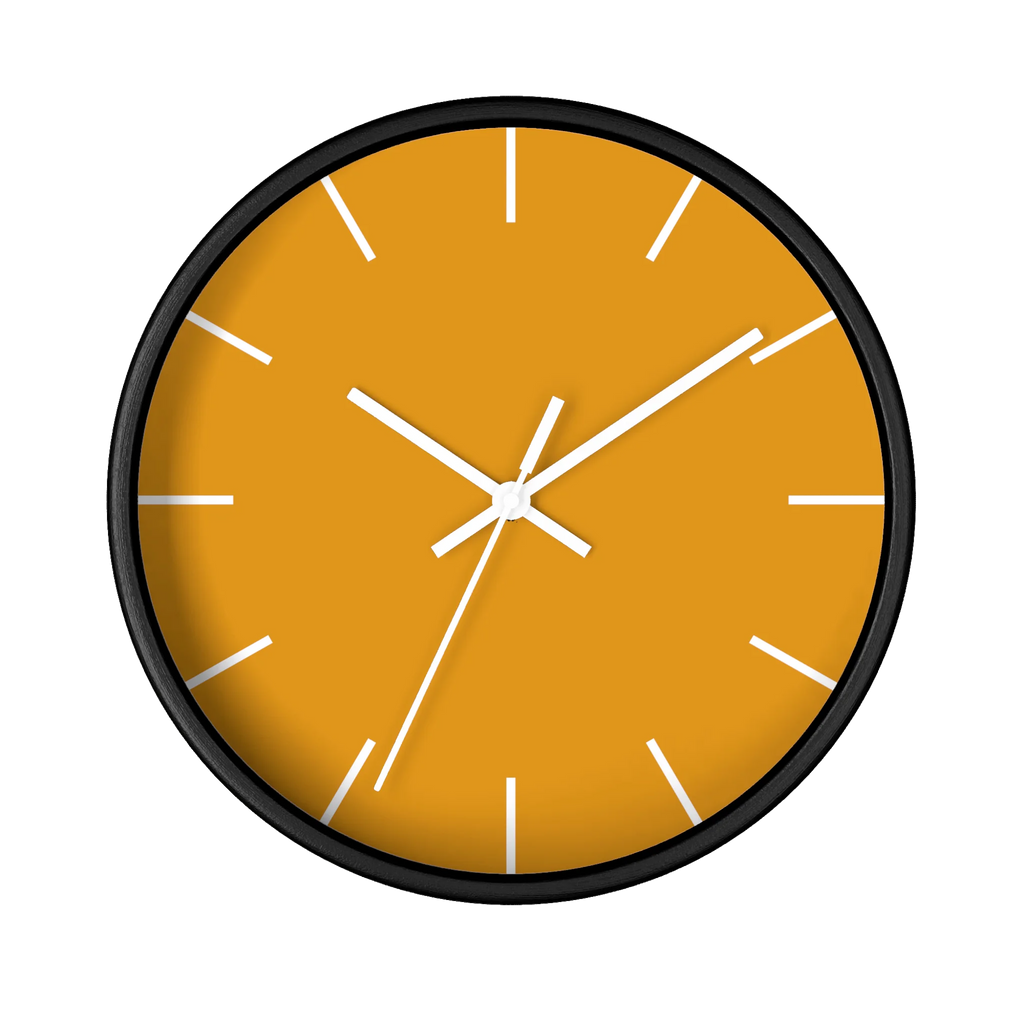 Dixie orange silent wall clock, black base, white hands, white markers, 10 inch, front view.