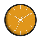 Dixie orange silent wall clock, black base, white hands, white markers, 10 inch, front view.