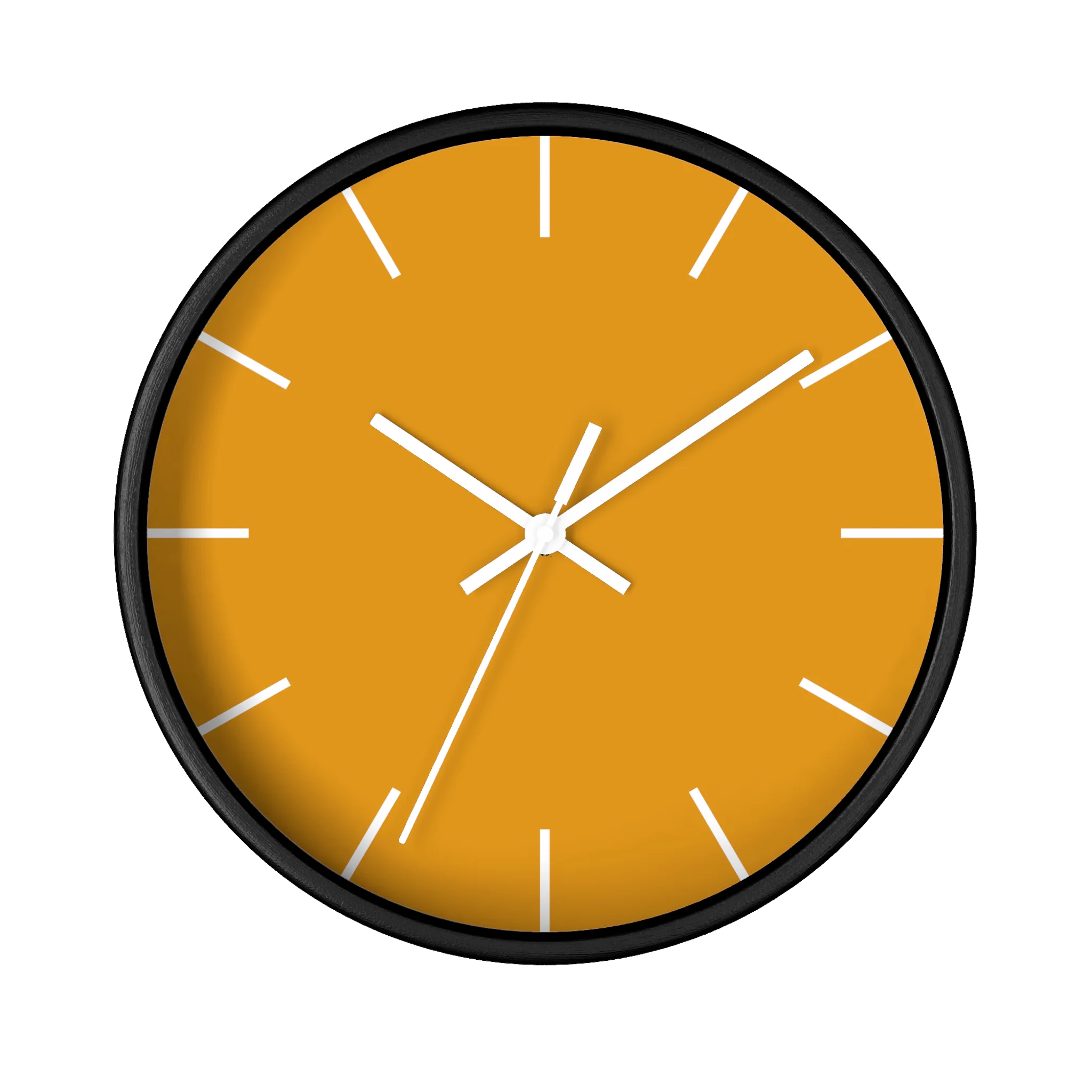 Dixie orange silent wall clock, black base, white hands, white markers, 10 inch, front view.