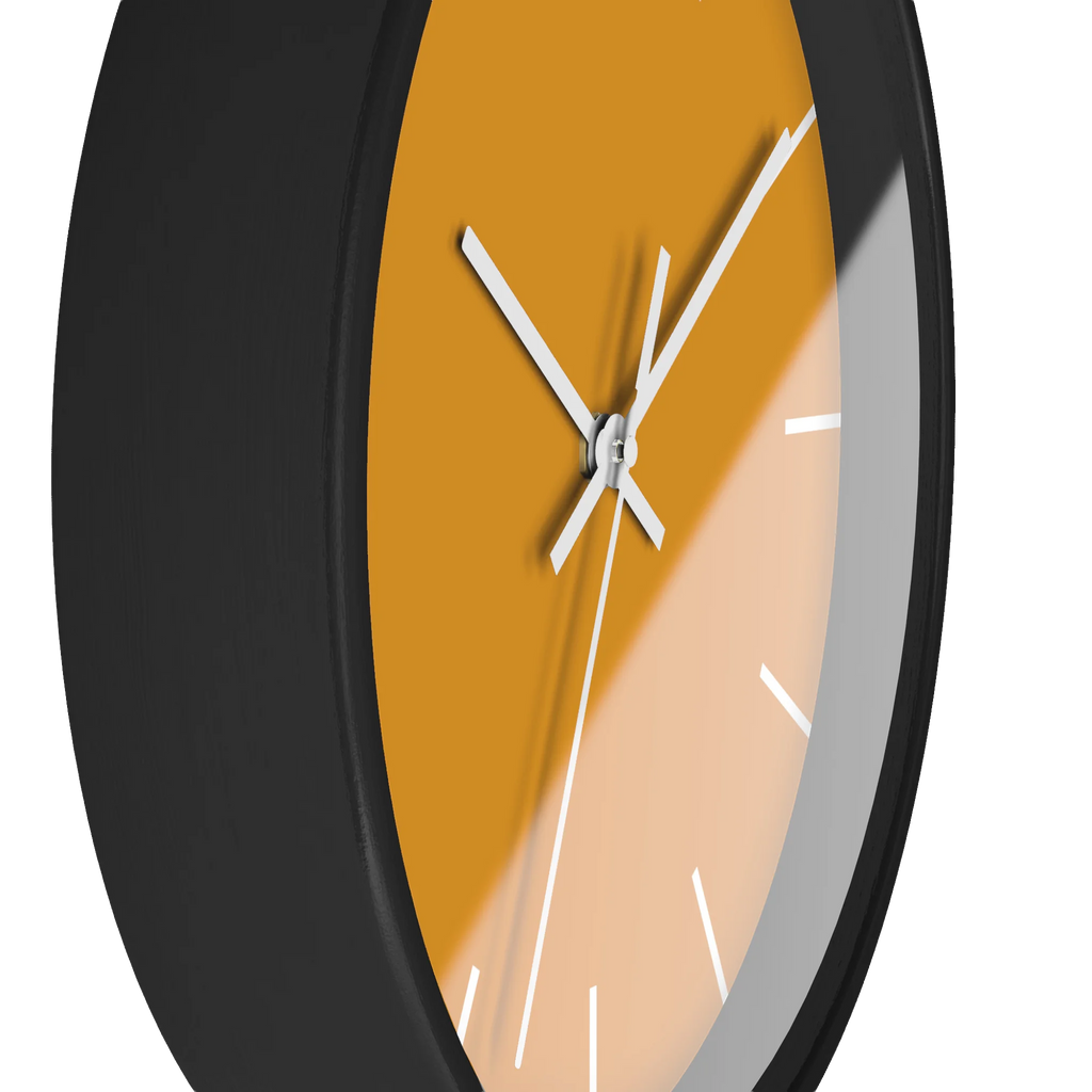 Dixie orange silent wall clock, black base, white hands, white markers, 10 inch, side view.