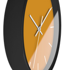 Dixie orange silent wall clock, black base, white hands, white markers, 10 inch, side view.