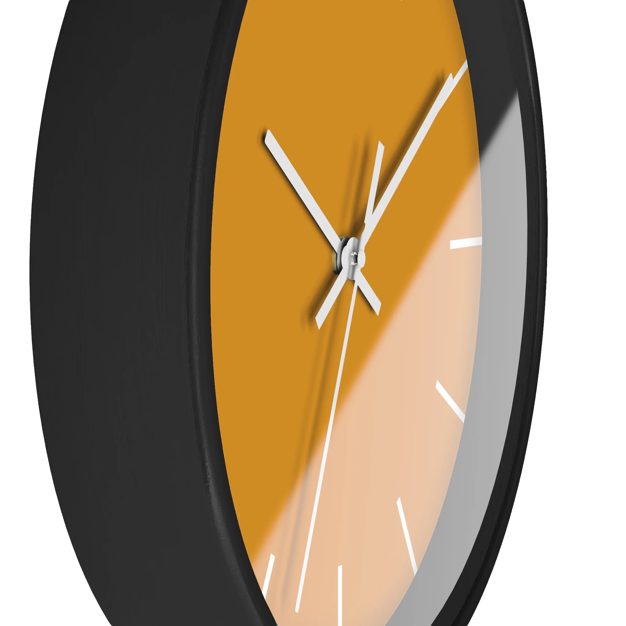 Dixie orange silent wall clock, black base, white hands, white markers, 10 inch, side view.