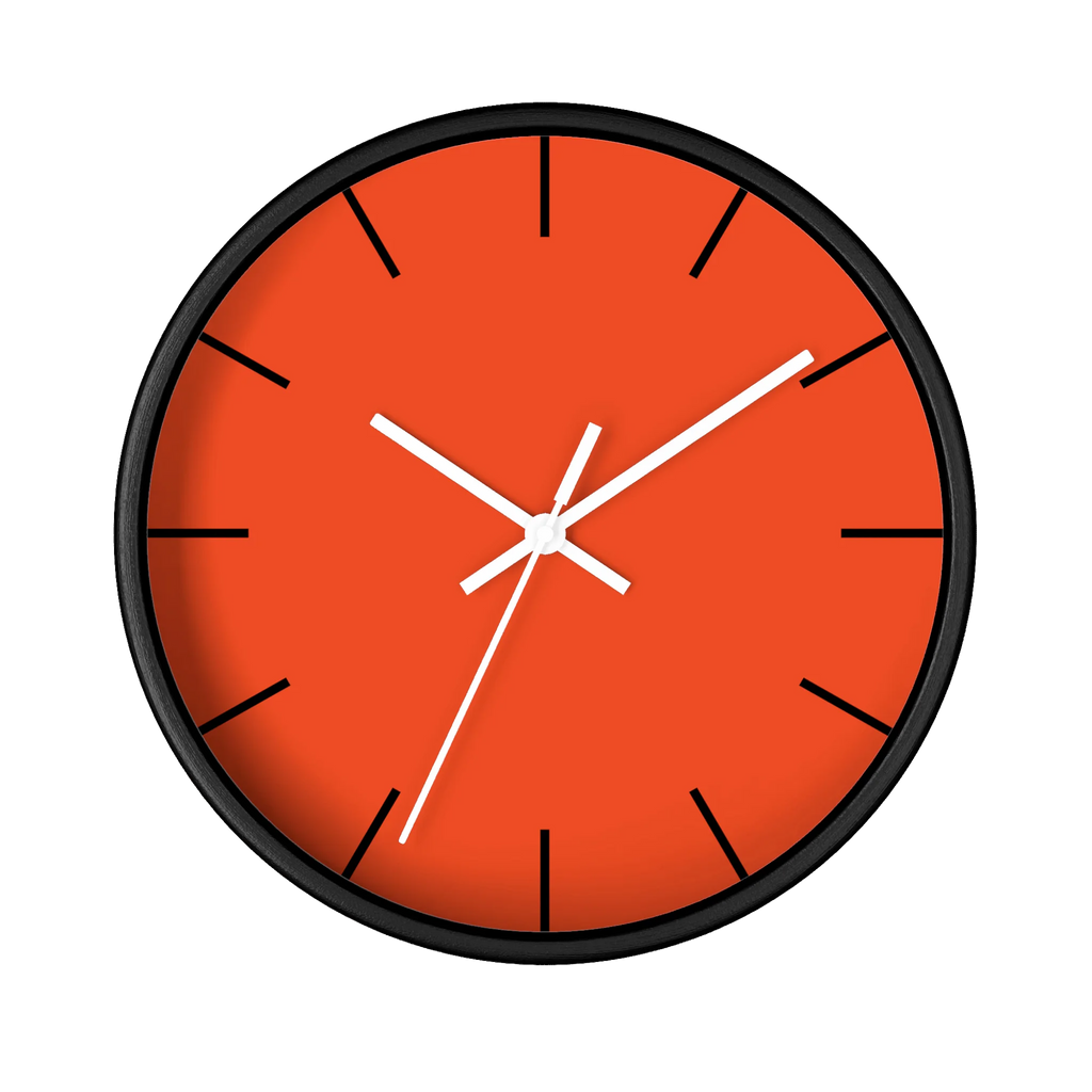 Dragon fire red silent wall clock, black base, white hands, black markers, 10 inch, front view.