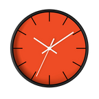 Dragon fire red silent wall clock, black base, white hands, black markers, 10 inch, front view.