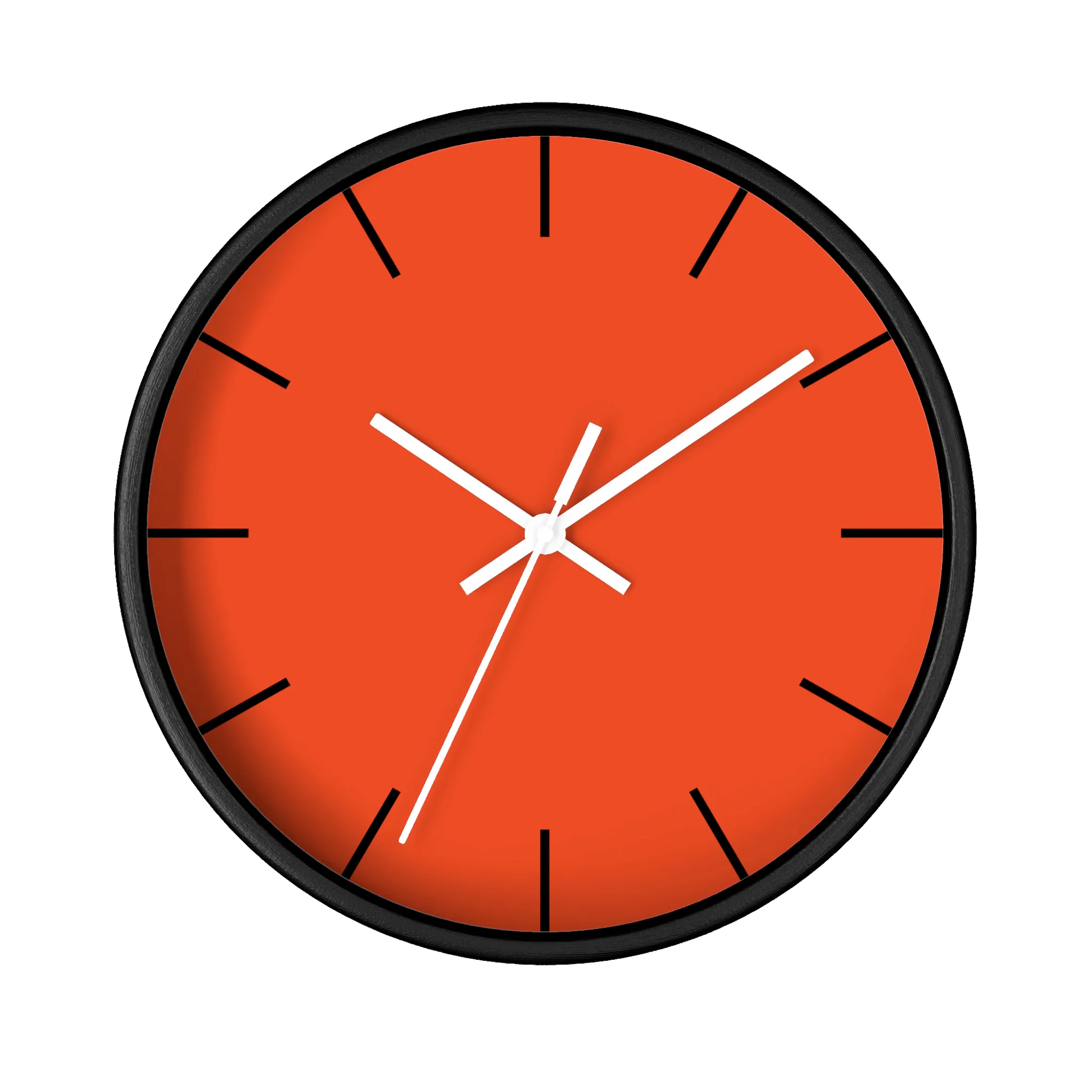 Dragon fire red silent wall clock, black base, white hands, black markers, 10 inch, front view.