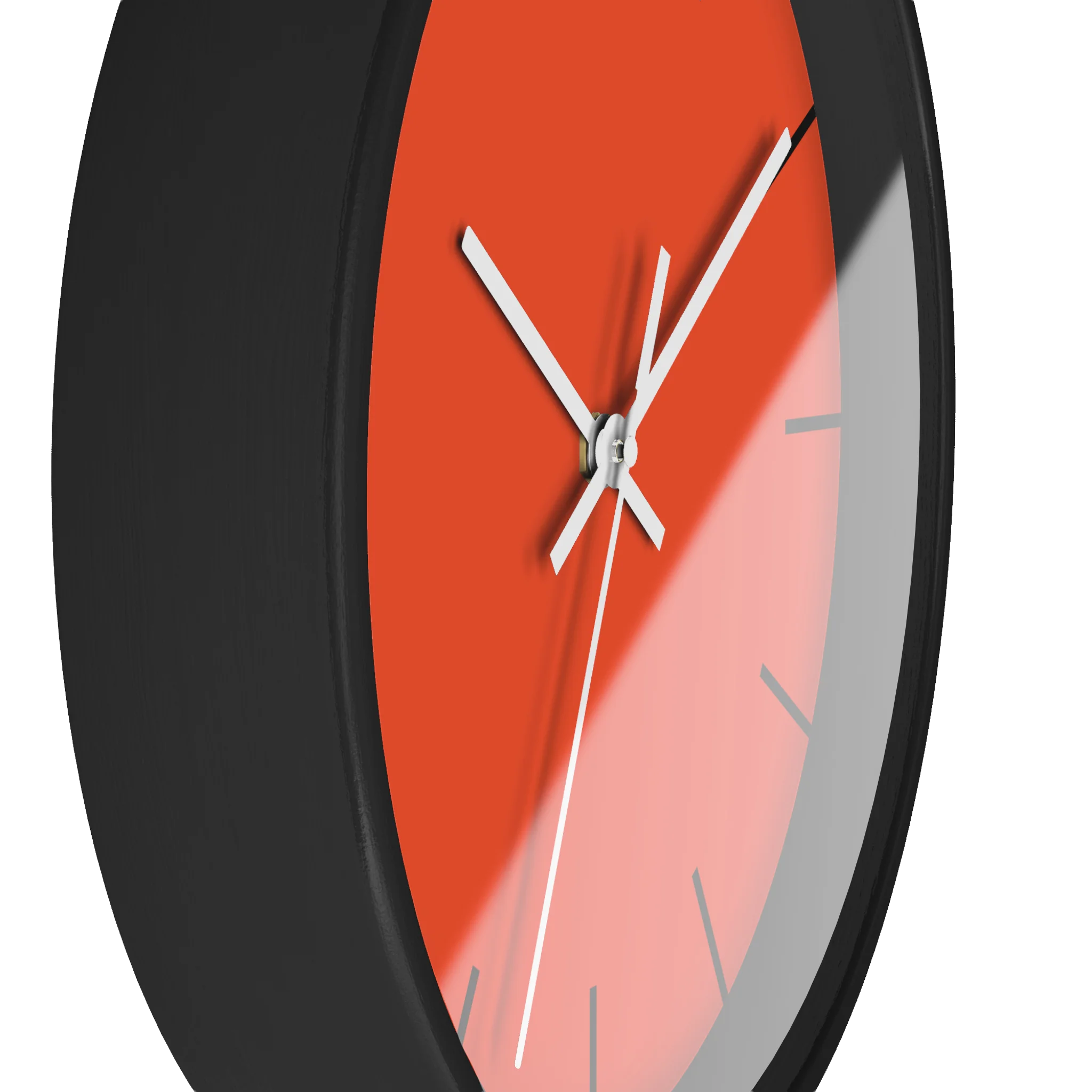 Dragon fire red silent wall clock, black base, white hands, black markers, 10 inch, side view.
